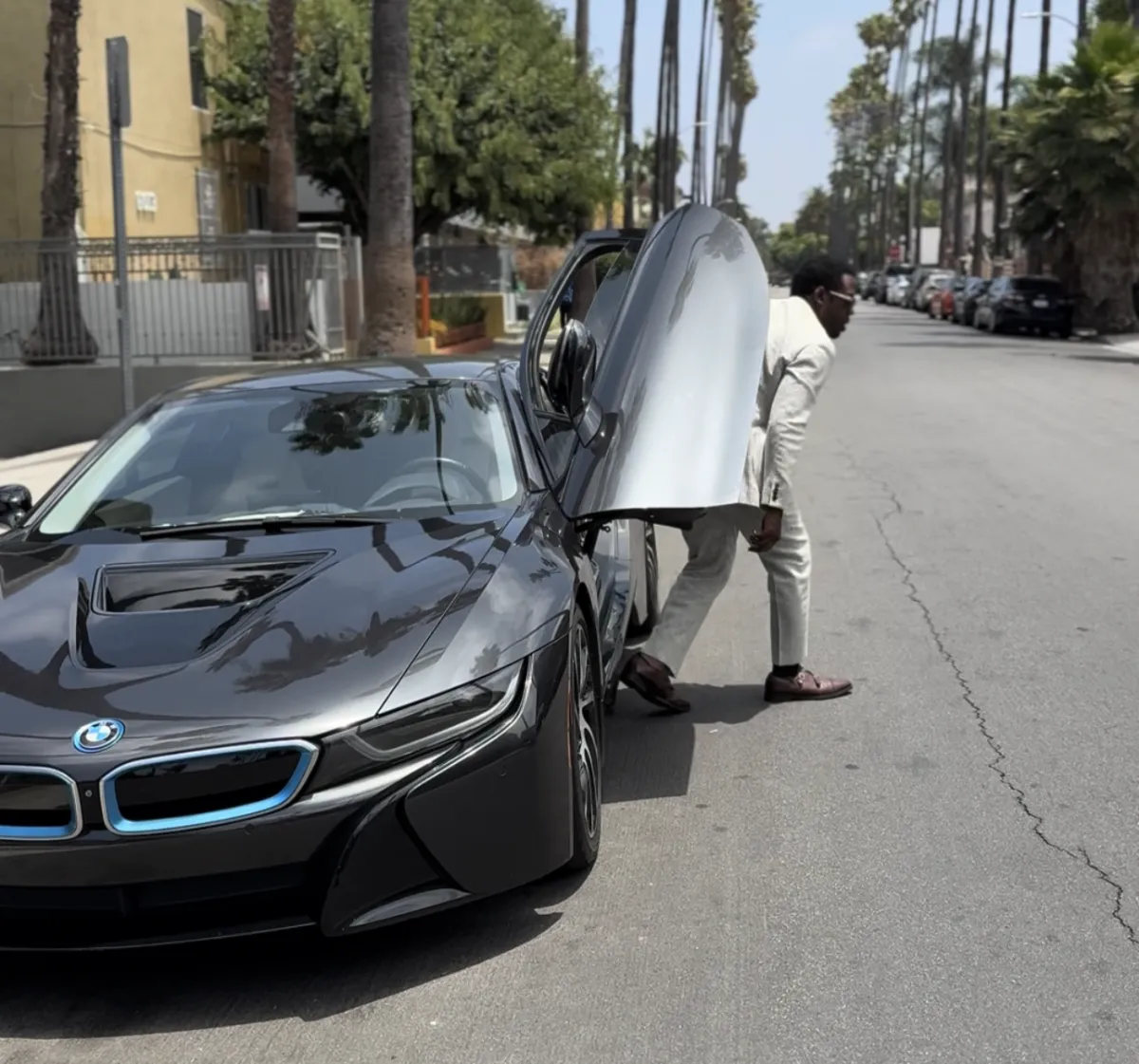 BMW i8 with doors up on a Los Angeles street